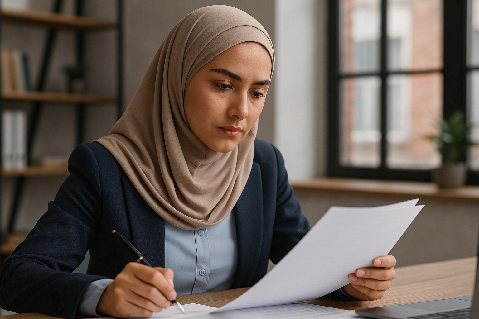 مدیر بازرگانی مسلمان با حجاب در حال بررسی اسناد صادراتی در دفتر بین‌المللی